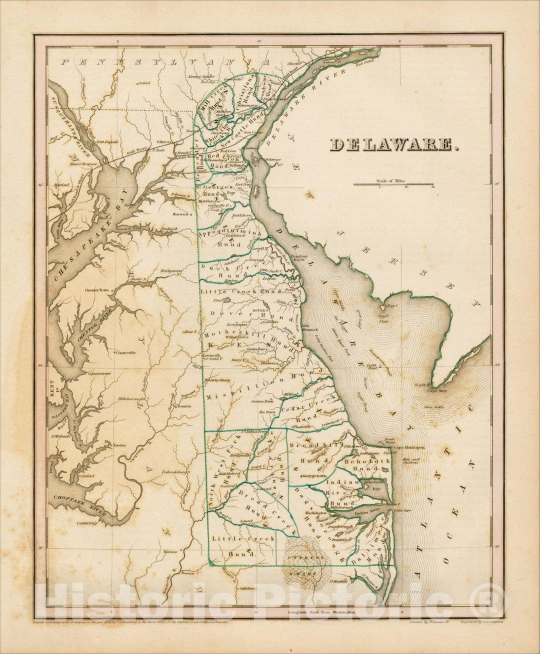 Historic Map : Delaware, 1838, Thomas Gamaliel Bradford, v1, Vintage Wall Art