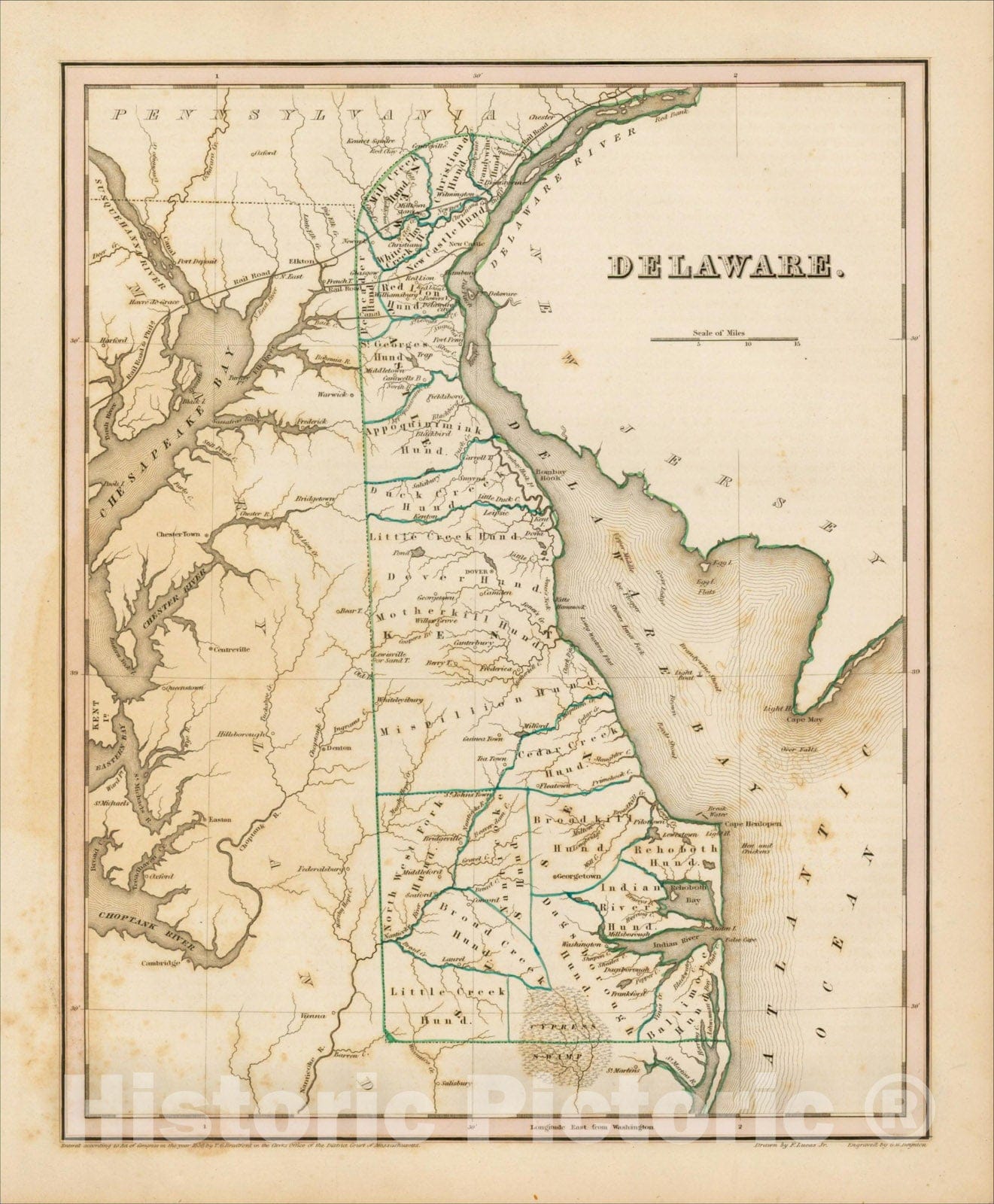 Historic Map : Delaware, 1838, Thomas Gamaliel Bradford, v1, Vintage Wall Art