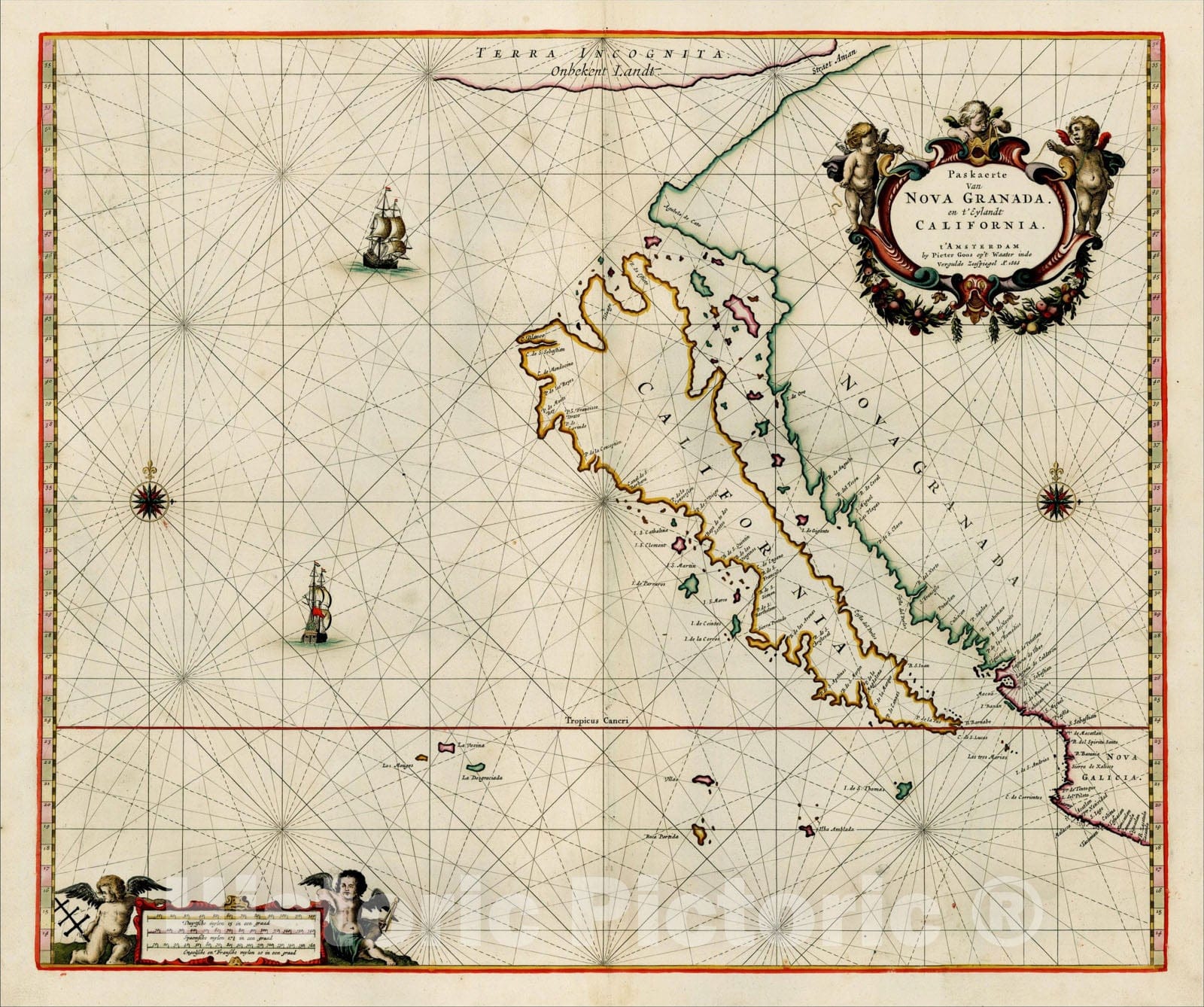 Historic Map : Paskaerte van Nova Granada, en t'Eylandt California, 1666 [Gold Highlights], 1666, Pieter Goos, Vintage Wall Art