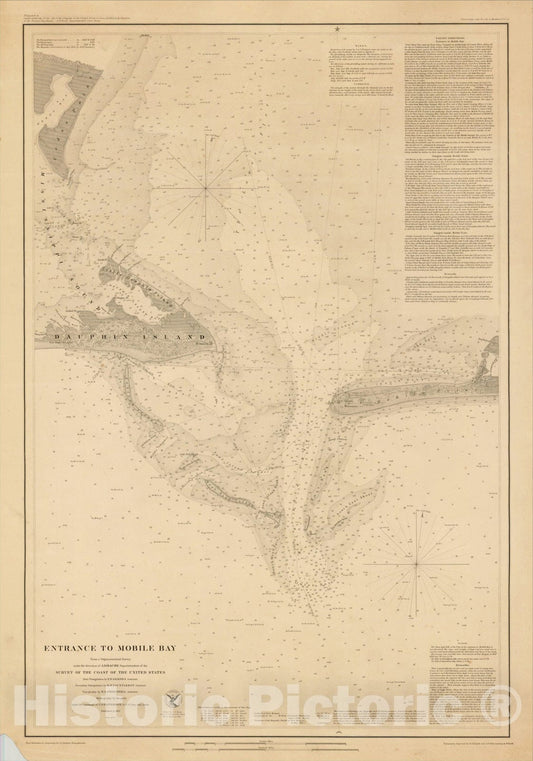 Historic Map : Entrance to Mobile Bay From a Trigonometrical Survey Under the Direction of A.D. Bache, 1851., 1851, United States Coast Survey, Vintage Wall Art