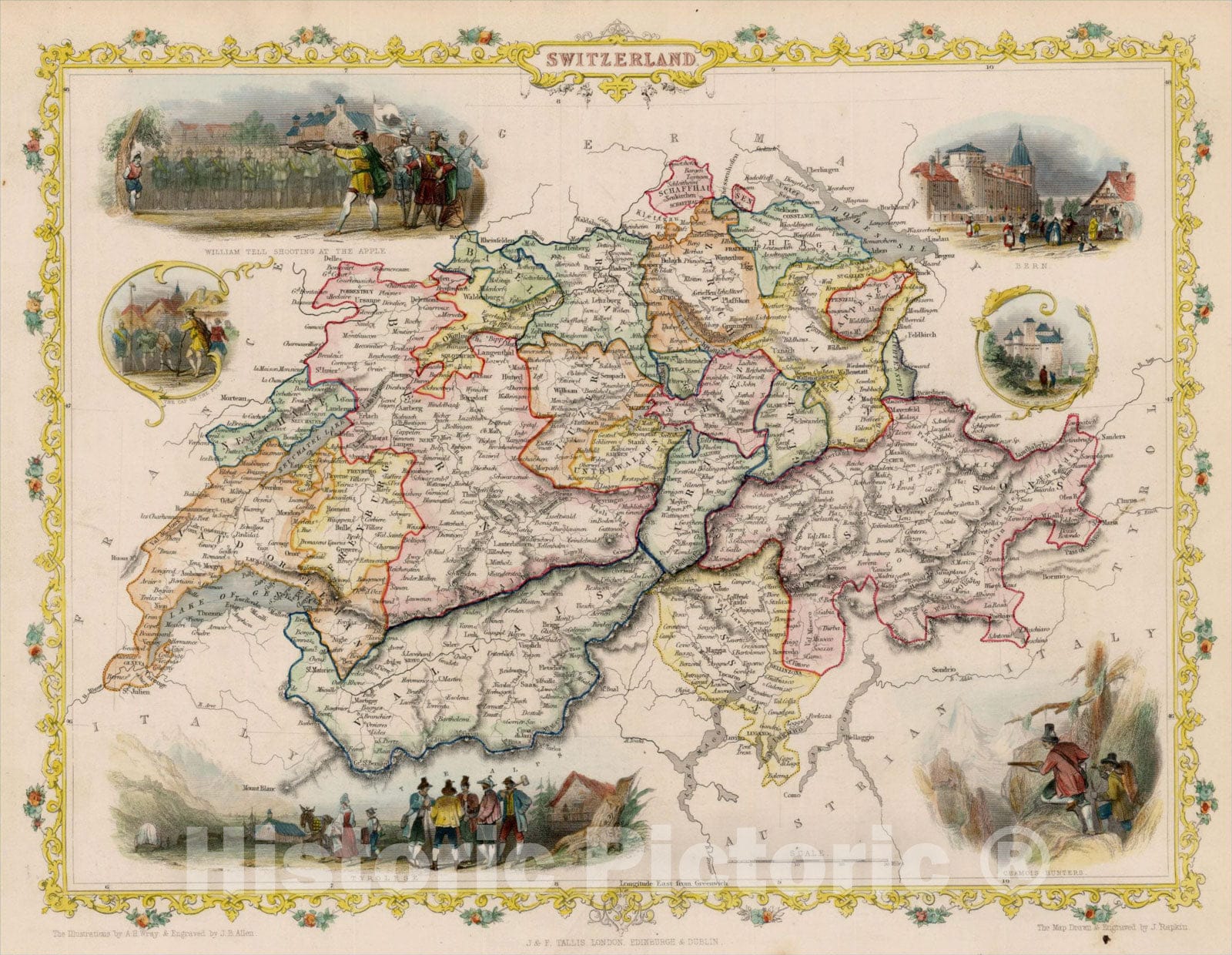 Historic Map : Switzerland, 1851, John Tallis, v1, Vintage Wall Art