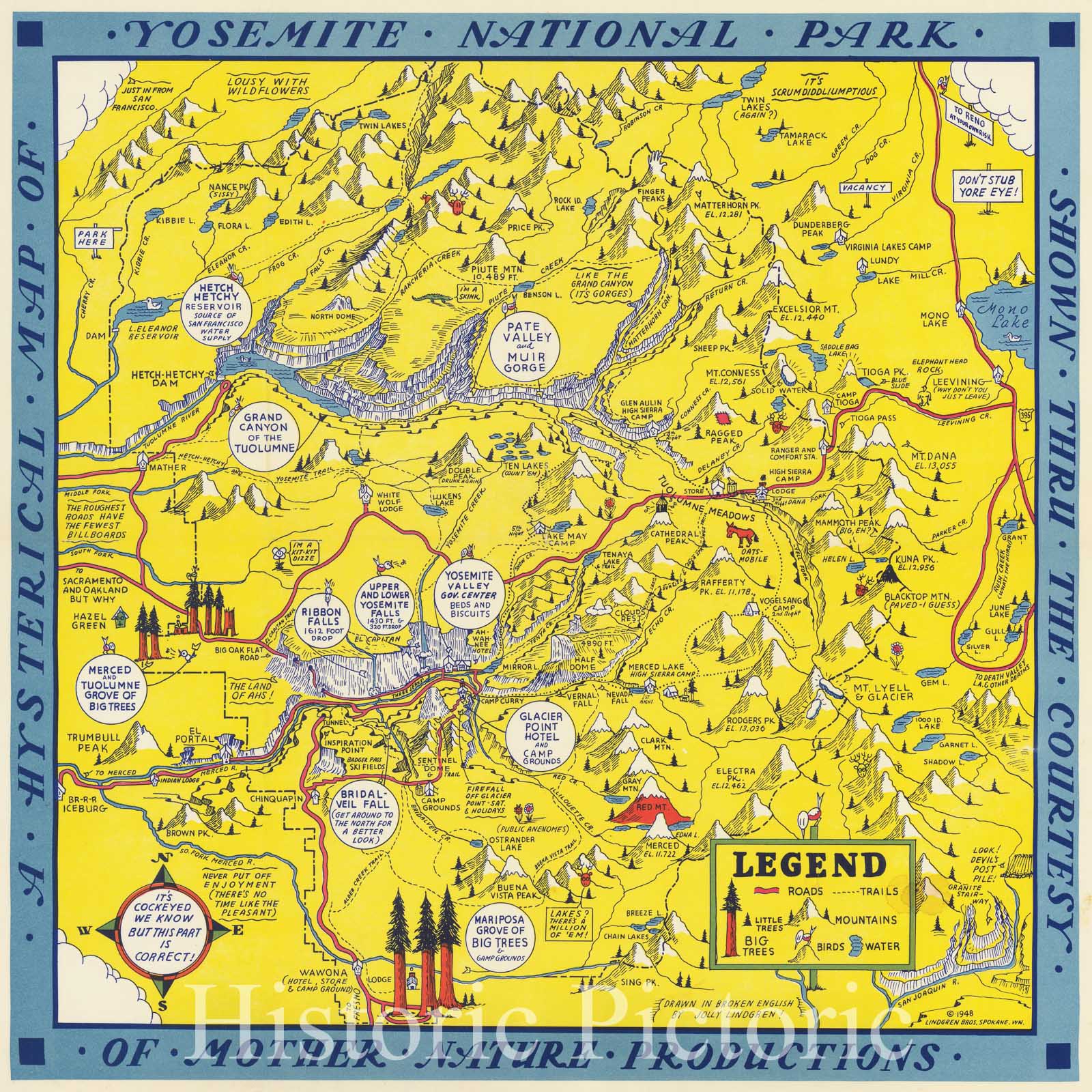Historic Map : A Hysterical Map Of Yosemite National Park Shown Through the Courtesy of Mother Nature Productions, 1948, Lindgren Brothers, Vintage Wall Art