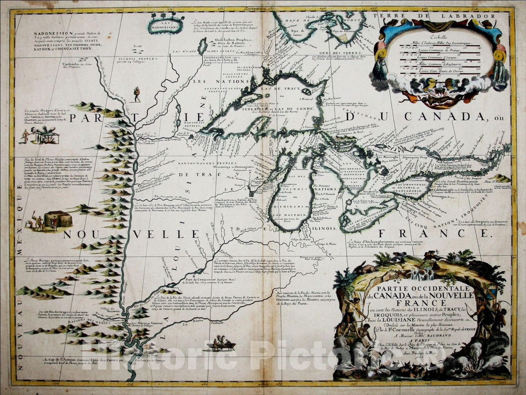 Historic Map : Partie Occidentale du Canada ou de la Nouvelle France ou sont les Nations des Ilinois, 1688, Vincenzo Maria Coronelli, Vintage Wall Art