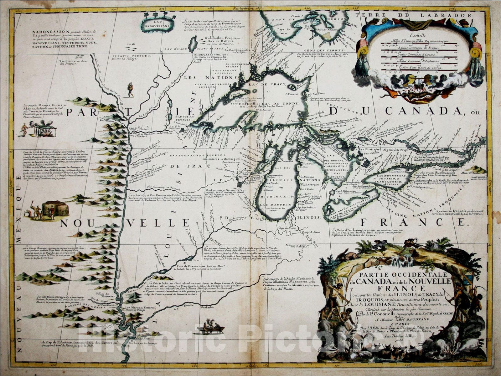Historic Map : Partie Occidentale du Canada ou de la Nouvelle France ou sont les Nations des Ilinois, 1688, Vincenzo Maria Coronelli, Vintage Wall Art