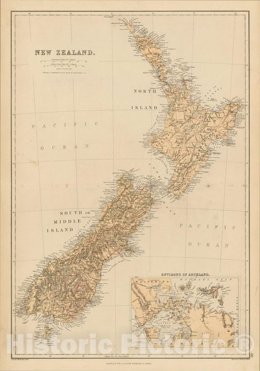 Historic Map : New Zealand (with Environs of Auckland), c1860, Blackie & Son, v1, Vintage Wall Art
