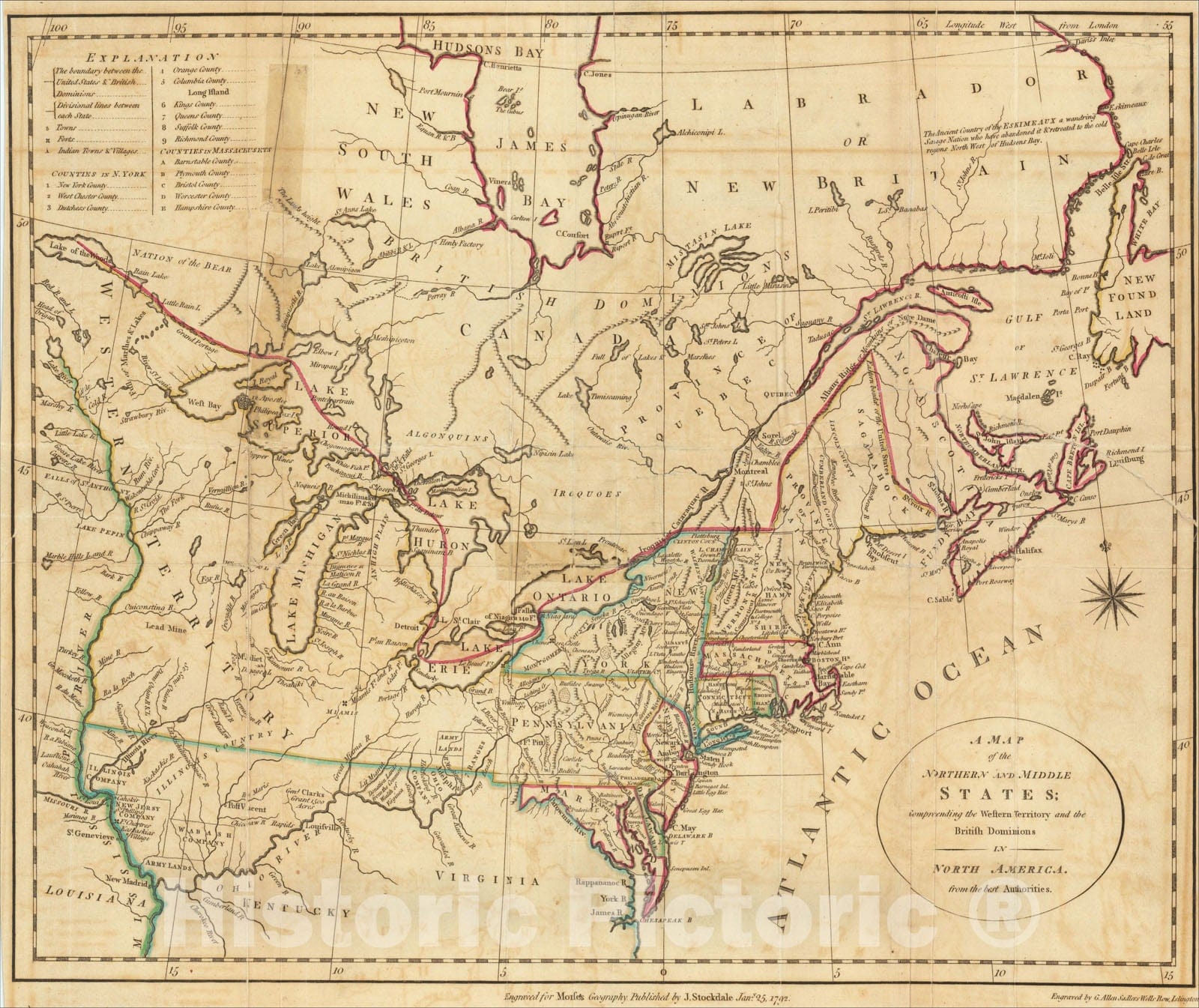 Historic Map : A Map of the Northern and Middle States; Comprehending Western Territory and the British Dominions, 1792, John Stockdale, Vintage Wall Art