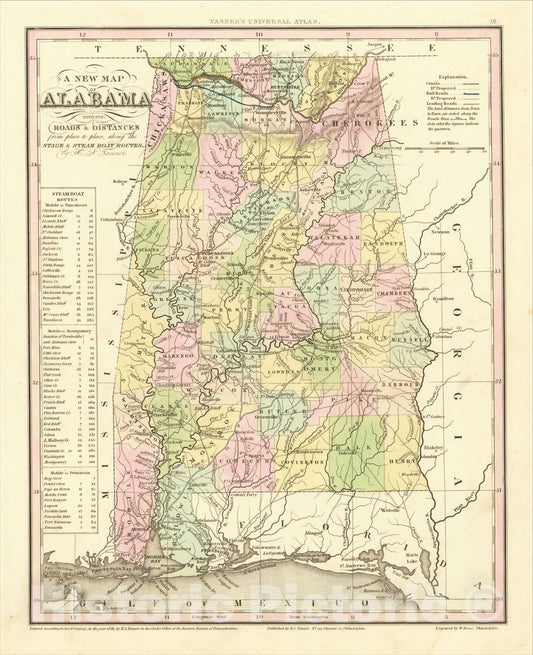 Historic Map : A New Map Of Alabama with its Canals, Roads, Distances from Place to Place, along the Stage & Steam Boat Routes?? by H.S. Tanner, 1844, Vintage Wall Art