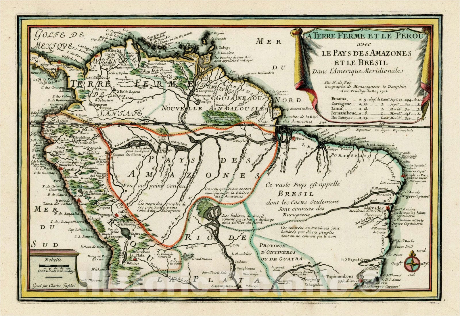 Historic Map : La Terre Ferme Et Le Perous avec Le Pays Des Amazones Et Le Bresil Dans L'Amerique Meridionale, 172, 1705, Nicolas de Fer, Vintage Wall Art