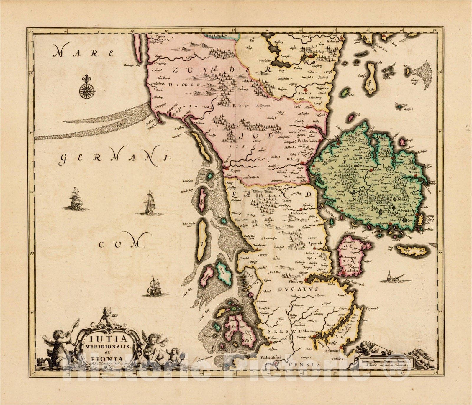 Historic Map : Iutia Meridionalis, et Fionia, c1700, , Vintage Wall Art