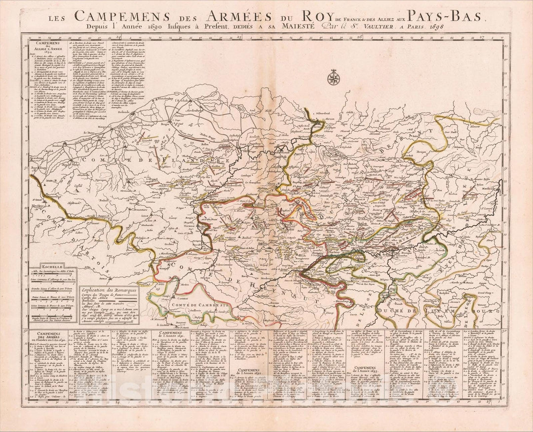 Historic Map : Les Campemens des Armees du Roy de France & des Alliez aux Pays-Bas, 1698, Vaultier, Vintage Wall Art