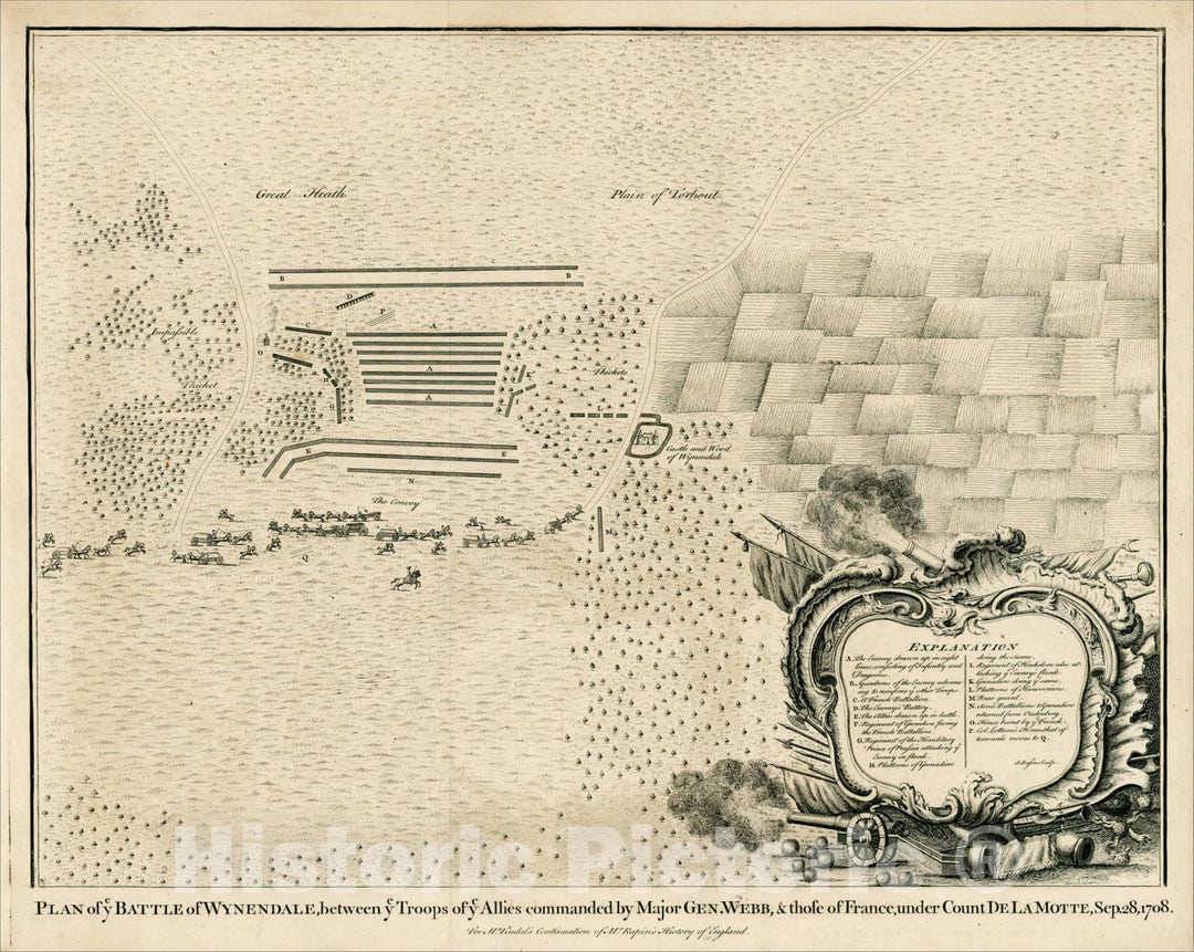 Historic Map : Plan of ye Battle of Wynendale, between ye Troops of ye Allies commanded by Major Gen. Webb, & those of France, 1740, Paul de Rapin de Thoyras, Vintage Wall Art