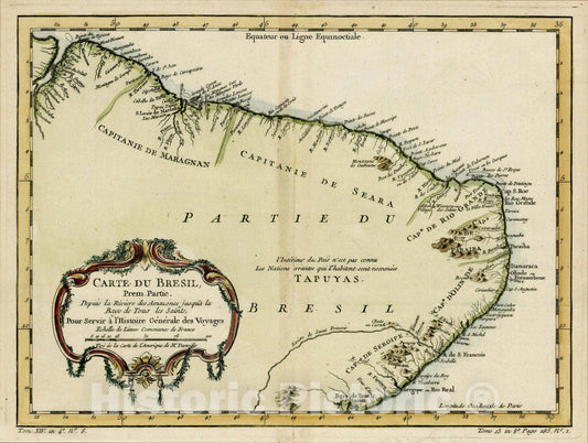 Historic Map : Carte Du Bresil, Prem. Partie. Depuis la Riviere des Amazones jusq'a la Baye de Tous les Saints, 1757, Jacques Nicolas Bellin, v1, Vintage Wall Art