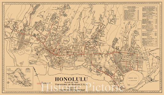 Historic Map : Honolulu Island of Oahu Territory of Hawaii, U.S.A., 1934, , Vintage Wall Art