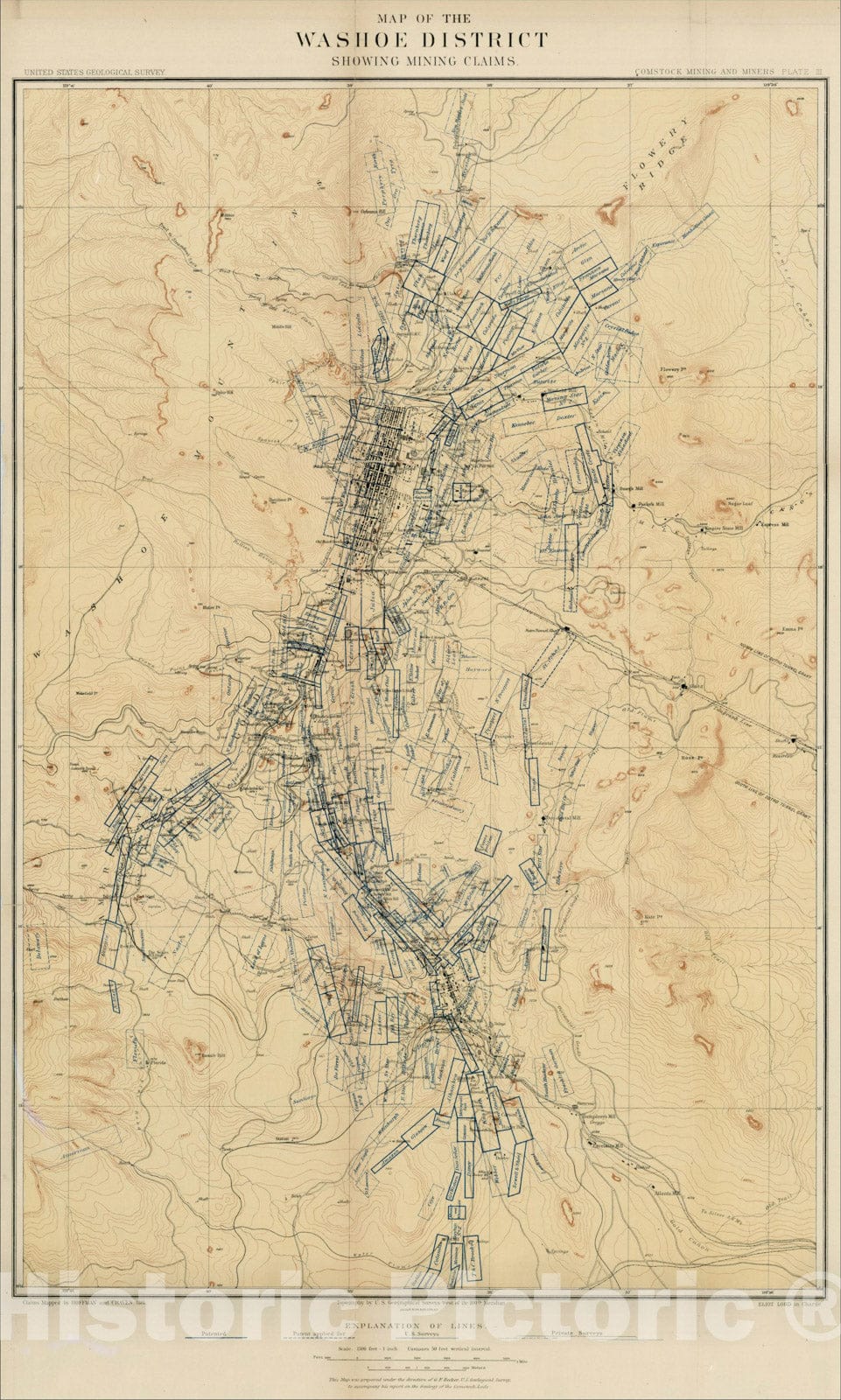 Historic Map : Map of the Washoe District Showing Mining Claims, 1881, U.S. Geological Survey, Vintage Wall Art