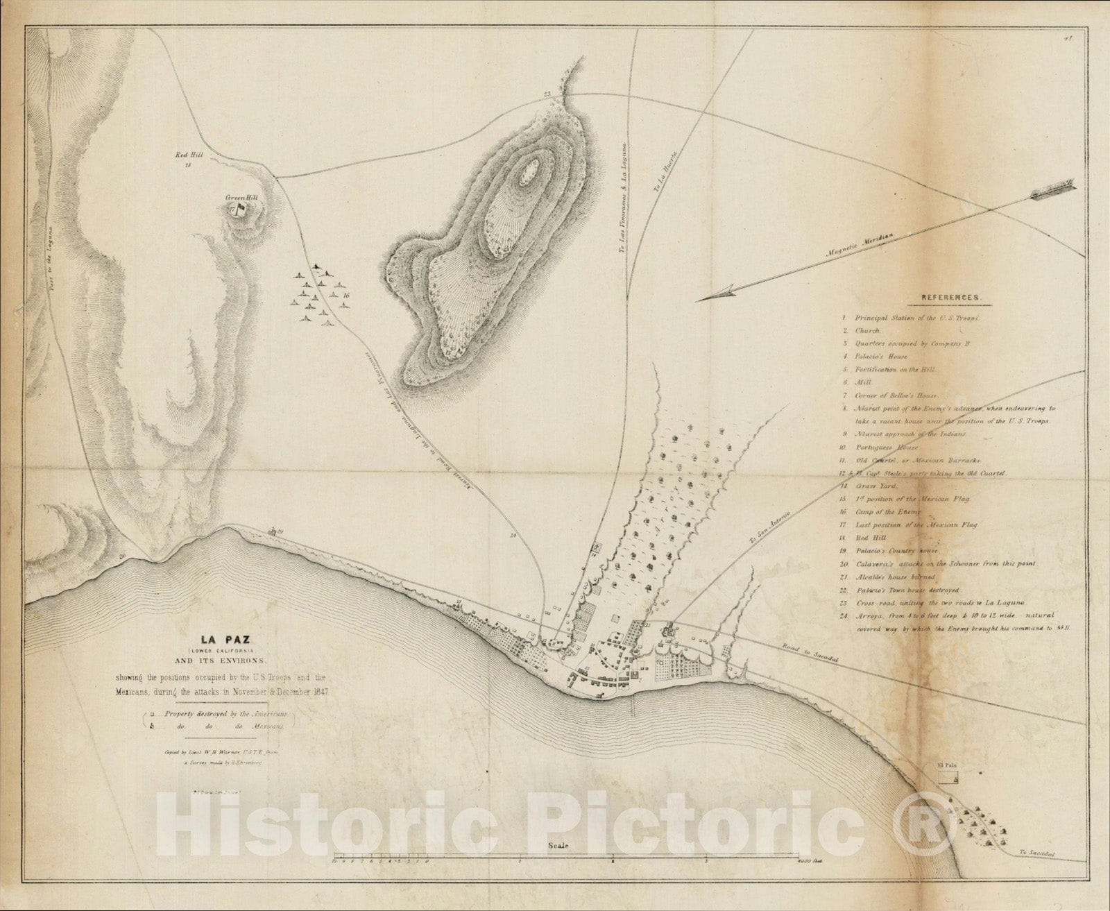 Historic Map : La Paz (Lower California) and its Environs, Showing Positions Occupied by U.S. Troops & the Mexicans, 1847, Vintage Wall Art
