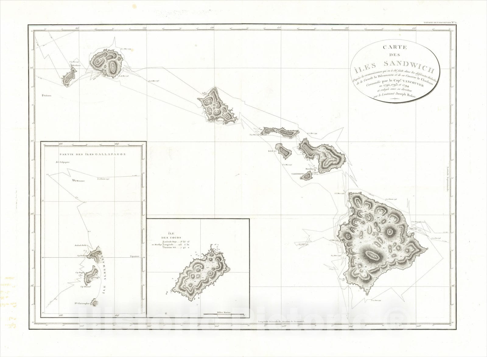 Historic Map : Carte des Iles Sandwich d'apres la reconnoissance qui en a ete faite dans les differentes relaches de la corvette, 1799, Capt. George Vancouver, Vintage Wall Art