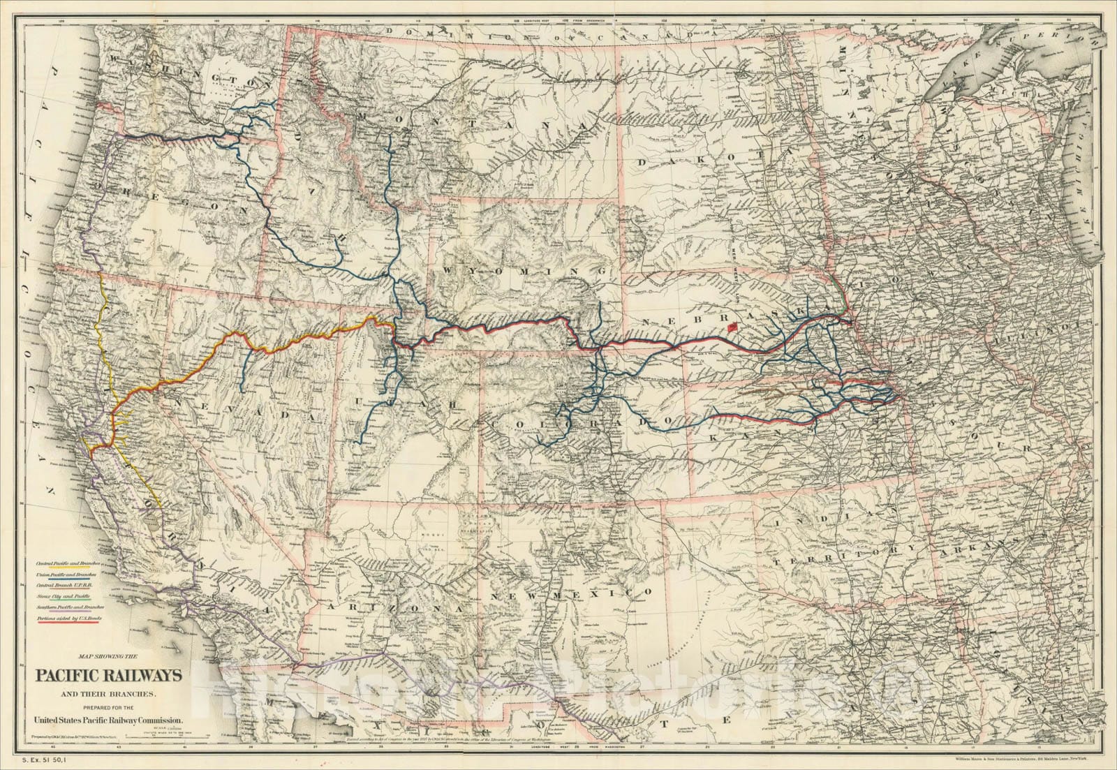 Historic Map : Map Showing The Pacific Railways and Their Branches. Prepared for the United States Pacific Railway Commission., 1887, v1, Vintage Wall Art