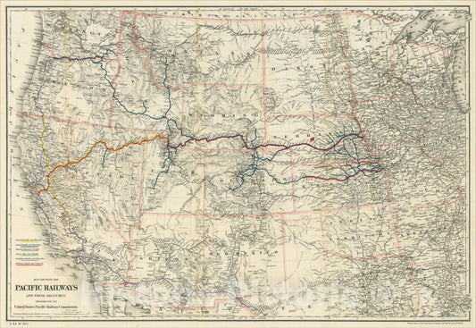 Historic Map : Map Showing The Pacific Railways and Their Branches. Prepared for the United States Pacific Railway Commission., 1887, v1, Vintage Wall Art