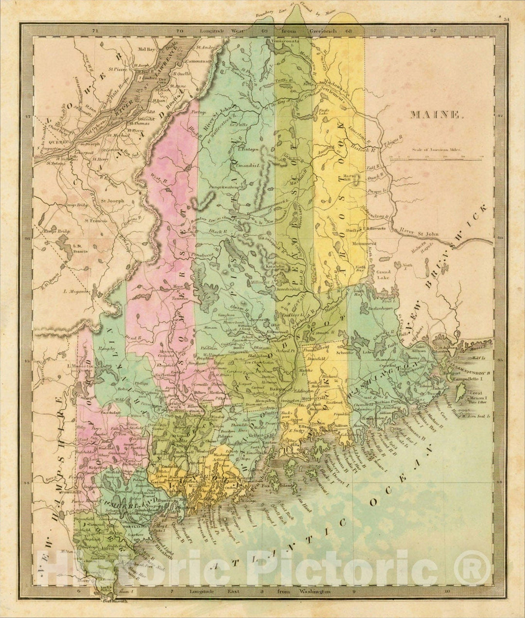 Historic Map : Maine [showing disputed boundaries as claimed by US, New Brunswick and as settled by the King of the Netherlands], 1841, Moses Greenleaf, Vintage Wall Art