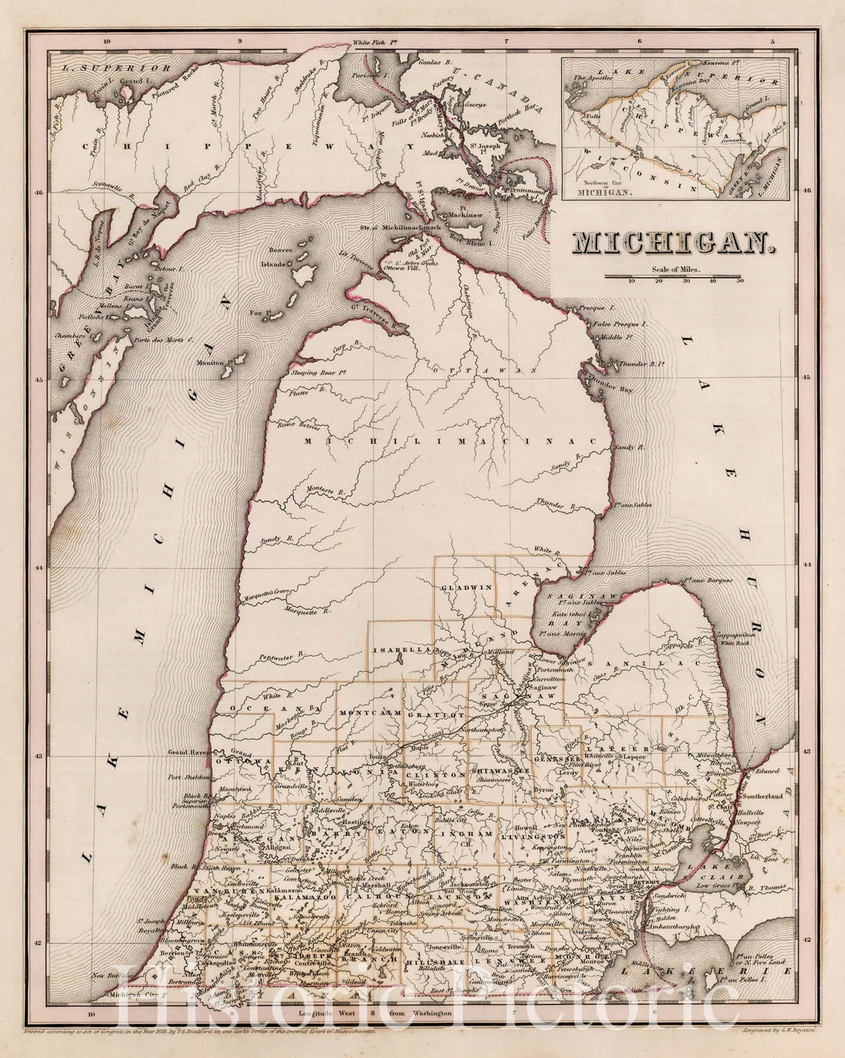 Historic Map : Michigan, 1838, Thomas Gamaliel Bradford, Vintage Wall Art