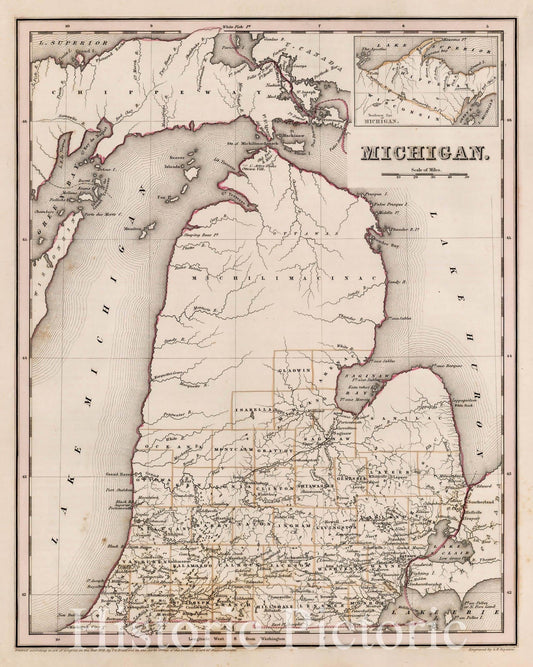 Historic Map : Michigan, 1838, Thomas Gamaliel Bradford, Vintage Wall Art