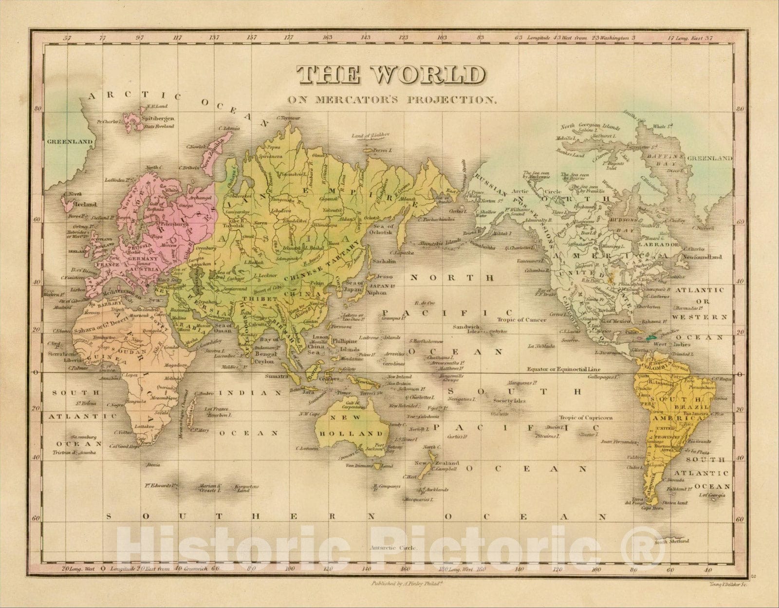 Historic Map : The World on Mercators Projection, 1824, Anthony Finley, Vintage Wall Art