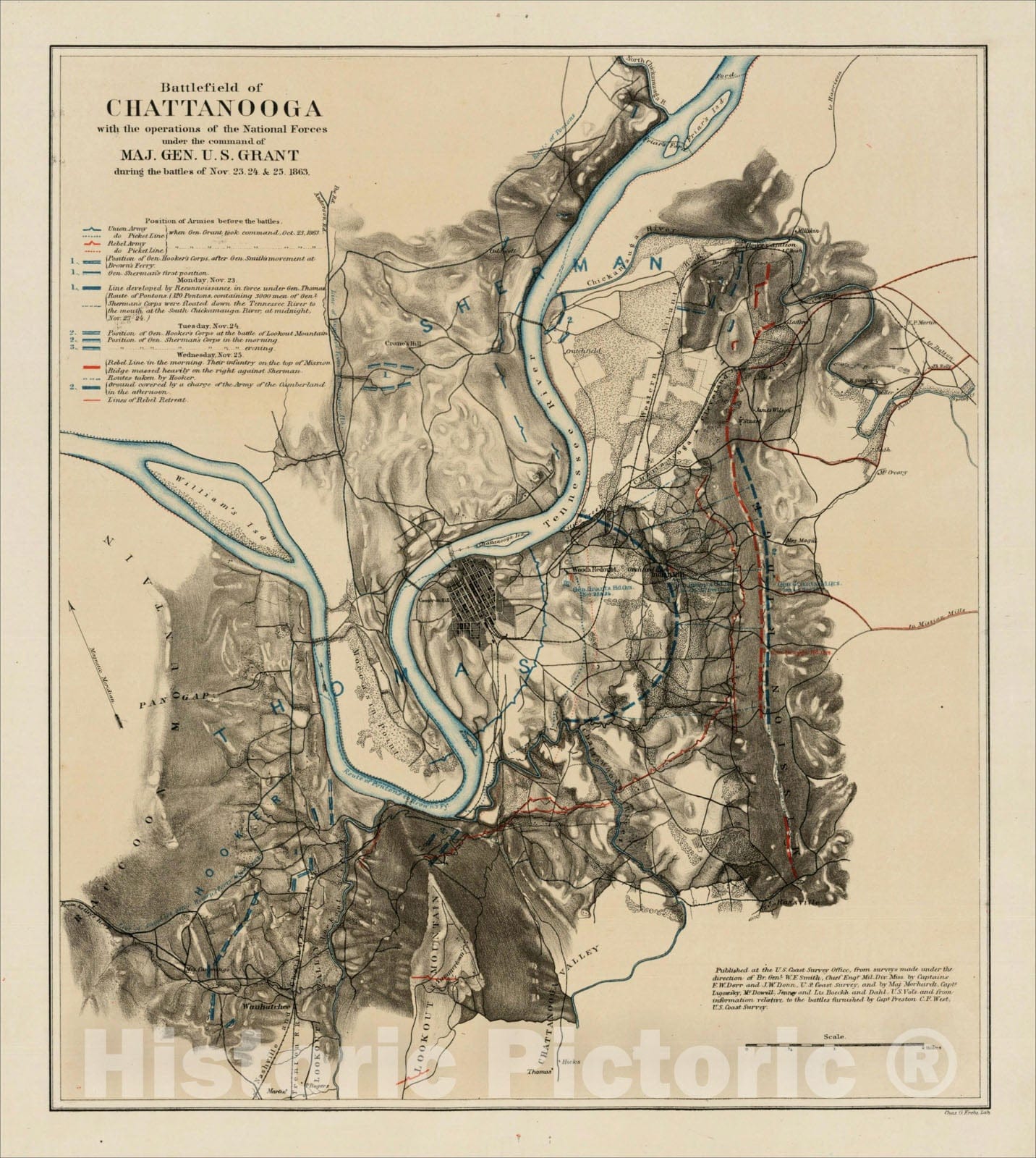 Historic Map : Battlefield of Chattanooga with the operations of the National Forces under the command of Maj. Gen. U.S. Grant, 1863, , Vintage Wall Art