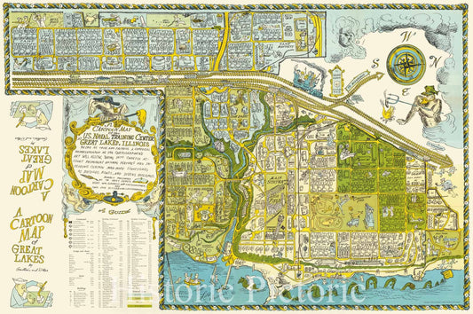 Historic Map : A Cartoon Map of the US. Naval Training Center at Great Lakes, Illinois, 1949, Robert William Gadbois, Vintage Wall Art