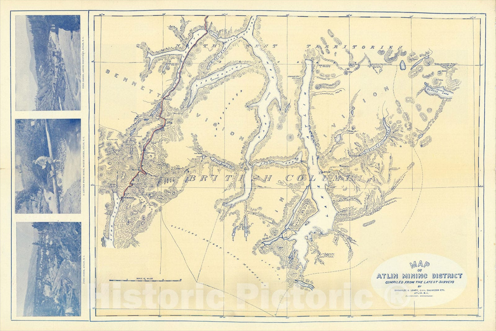 Historic Map : Map of Atlin Mining District Compiled From The Latest Surveys By Brownlee & Lowry, Civil Engineers Etc. Atlin, B.C., c1899, Brownlee & Lowry, Vintage Wall Art