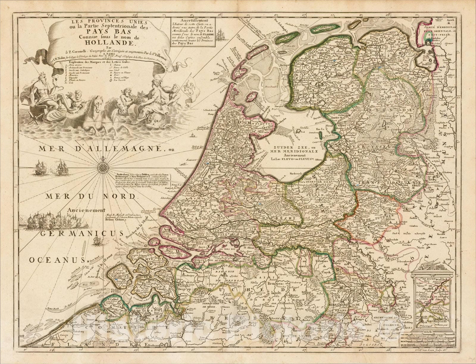 Historic Map : Les Provinces Unies ou la Partie Septentrionale des Pays Bas Connue sous le mom de Hollande par le P. Coronelli, 1690, 1690, , Vintage Wall Art