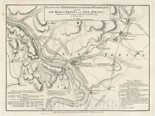 Historic Map : Plan of the Operations of General Washington, against the King's Troops in New Jersey, 1777, William Faden, v1, Vintage Wall Art