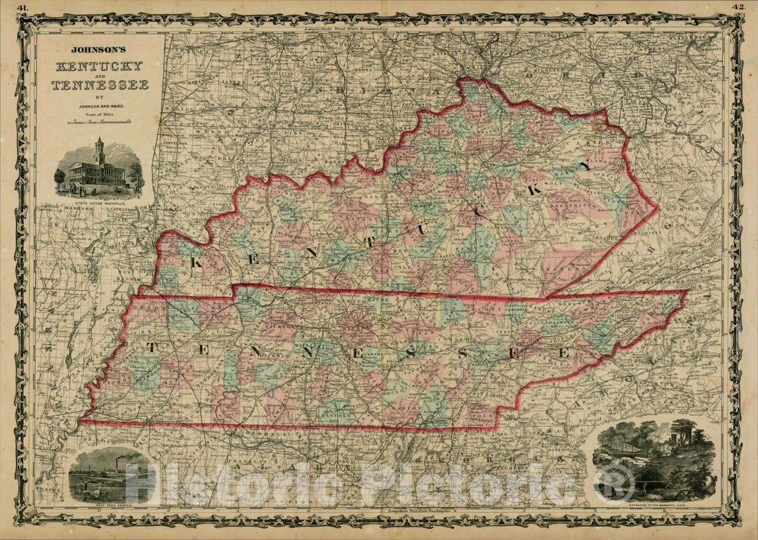 Historic Map : Johnson's Kentucky and Tennessee, 1862, Benjamin Ward, Vintage Wall Art
