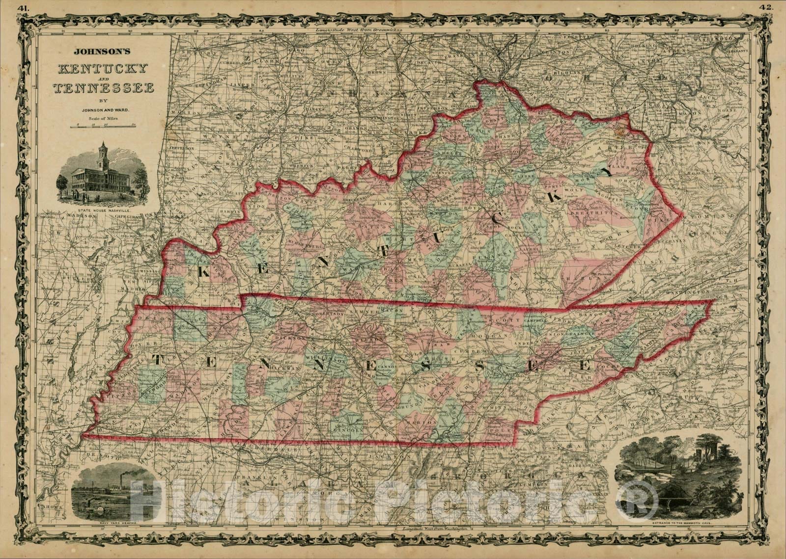 Historic Map : Johnson's Kentucky and Tennessee, 1862, Benjamin Ward, Vintage Wall Art