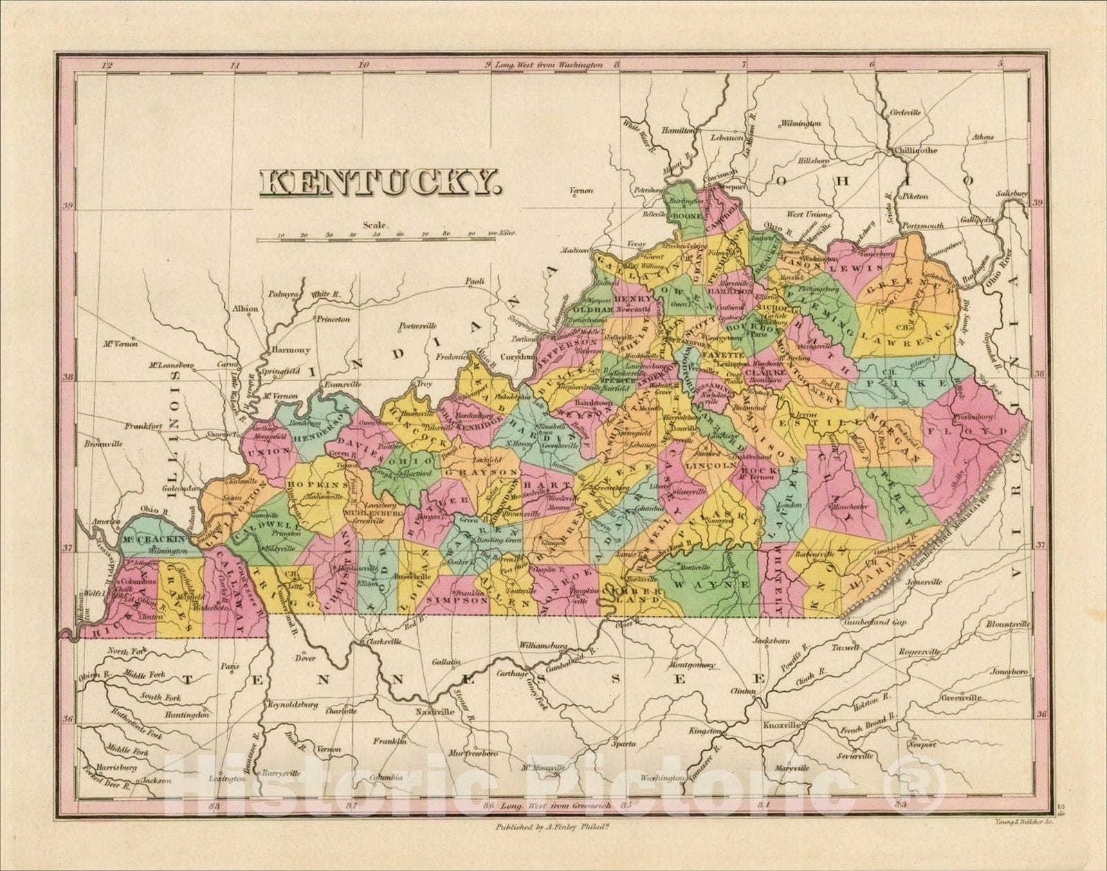 Historic Map : Kentucky, 1824, Anthony Finley, Vintage Wall Art
