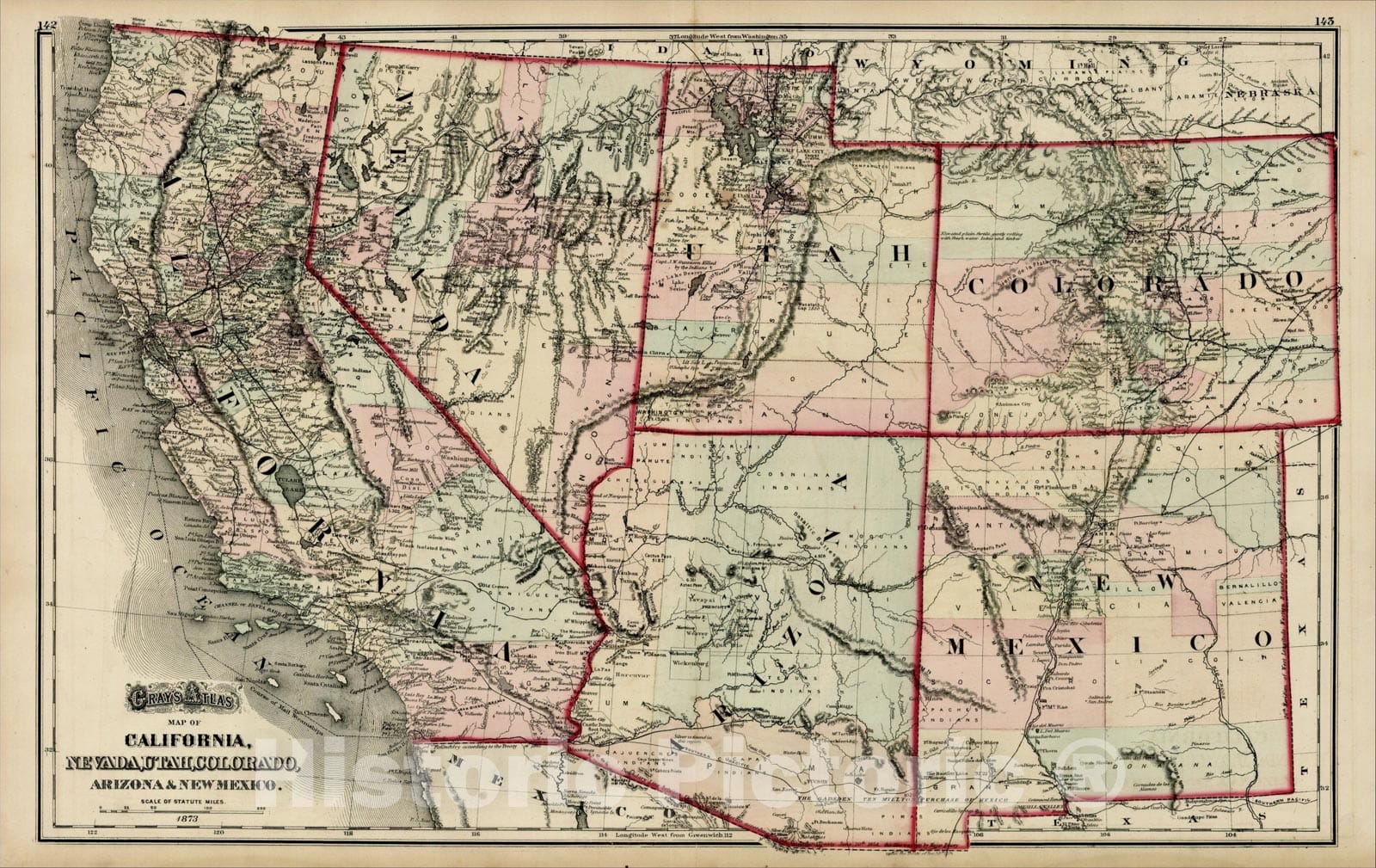 Historic Map : Gray's Atlas Map of California, Nevada, Utah, Colorado, Arizona and New Mexico, 1873, 1873, O.W. Gray, Vintage Wall Art
