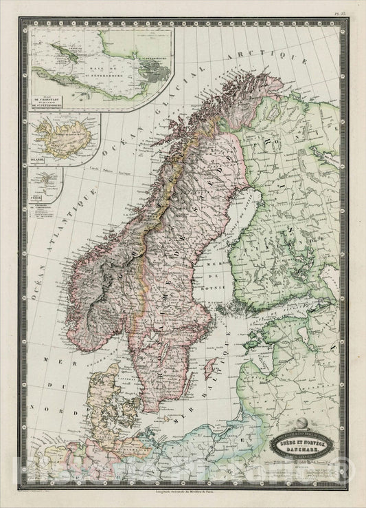 Historic Map : Suede et Norvege. Danemark, 186 (St. Petersburg Harbor Inset), 1860, F.A. Garnier, Vintage Wall Art
