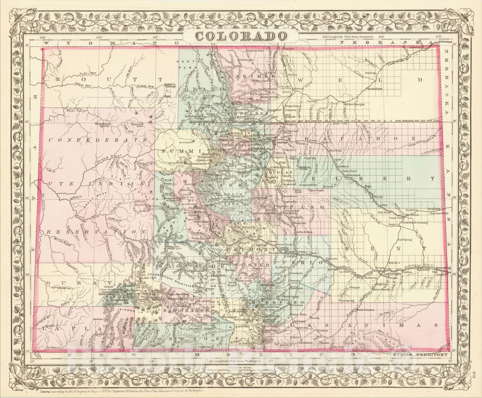 Historic Map : Colorado [with Indian Territory on verso], 1878, Samuel Augustus Mitchell Jr., Vintage Wall Art