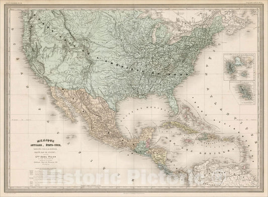 Historic Map : Mexique, Antilles, Etats-Unis, 1865, Adolphe Hippolyte Dufour, Vintage Wall Art