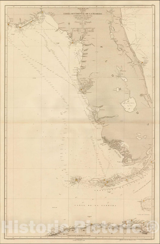 Historic Map : Carta De La Costa Occidental De La Florida y Parte De La Isla De Cuba, 1862, Direccion Hidrografica de Madrid, Vintage Wall Art
