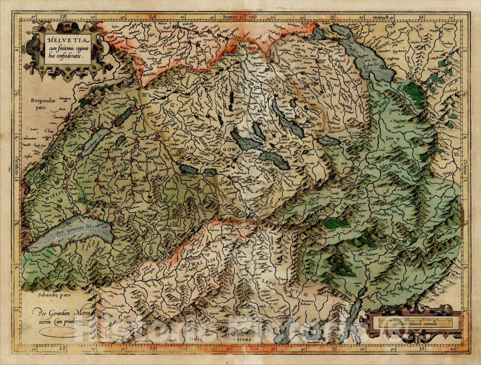 Historic Map : Helvetia cum finitimis regionibus confoederatis (gold highlights), 1595, Gerard Mercator, Vintage Wall Art