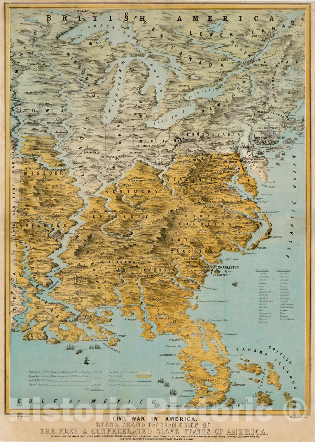 Historic Map : Civil War In America. Read's Grand Panoramic, 1861, Read & Co., Vintage Wall Art