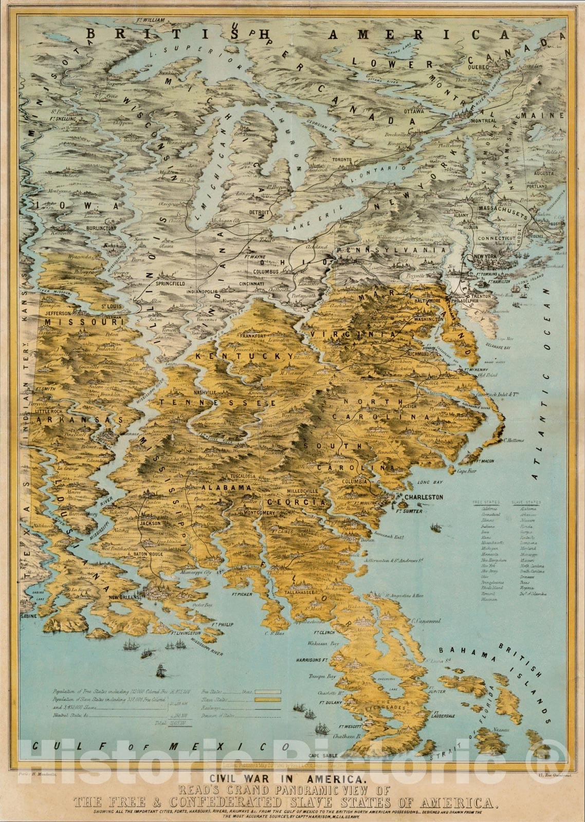 Historic Map : Civil War In America. Read's Grand Panoramic, 1861, Read & Co., Vintage Wall Art