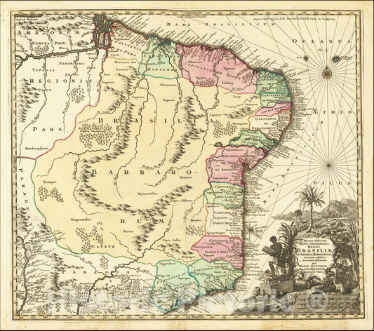 Historic Map : Recens elaborata Mappa Geographica Regni Brasiliae in America Meridionali maxime celebris accurate delineata, c1730, Matthaus Seutter, Vintage Wall Art
