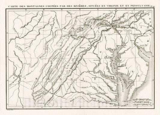 Historic Map : Carte Des Montagnes Coupees par Des Rivieres, Situees en Virginie et en Pensylvanie, 1827, Jean Baptiste Desmarest & Bory de St.Vincent, Vintage Wall Art