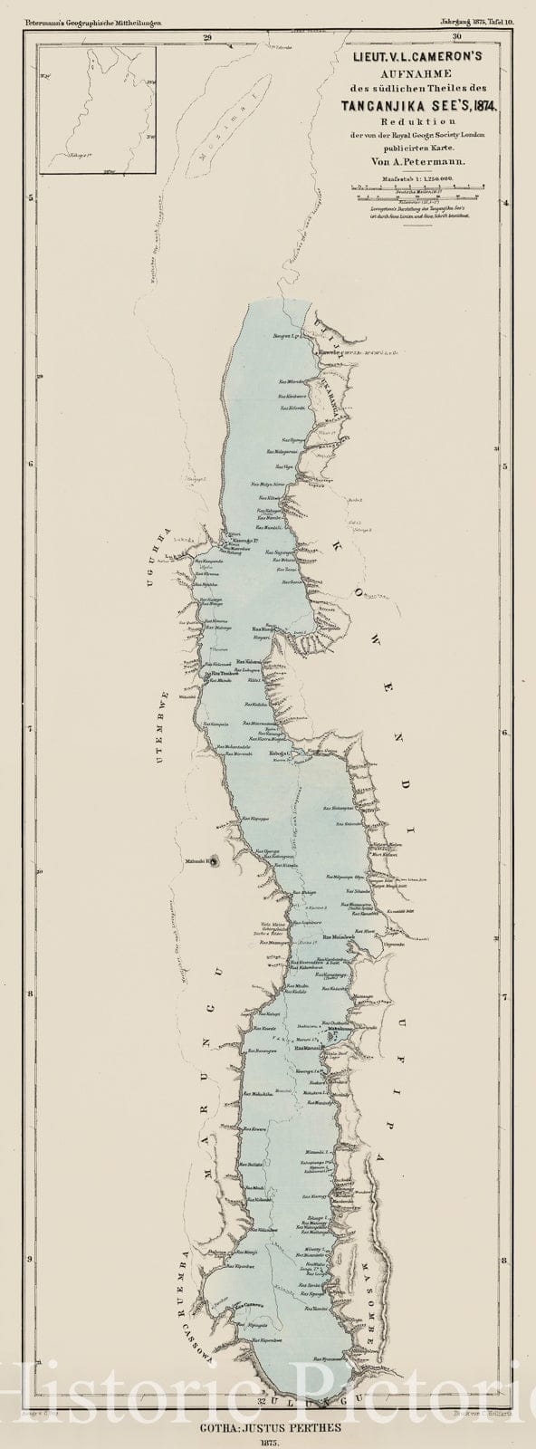 Historic Map : Lake Tanganyika, 1874, Augustus Herman Petermann, Vintage Wall Art