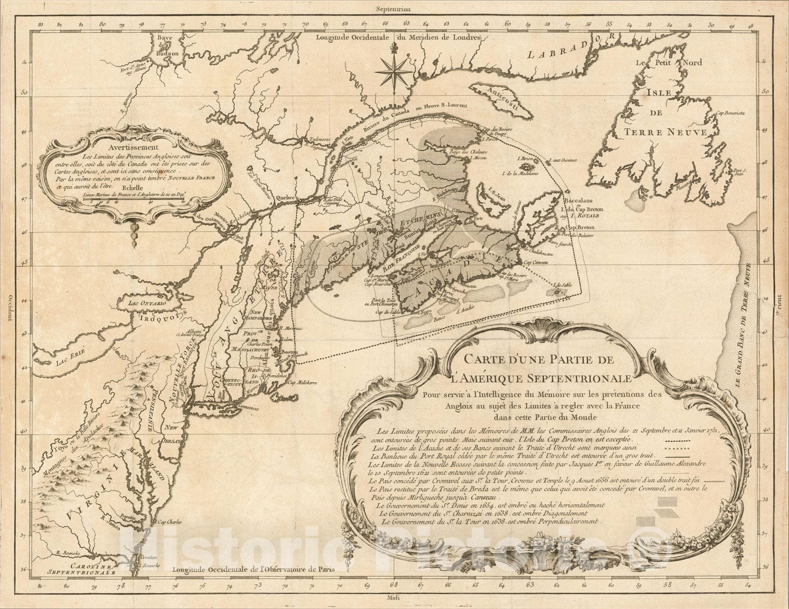 Historic Map : Carte D'Une Partie De L'Amerique Septentrionale Pour servir a L'Intelligence Du Memoire Sur Les Pretentions, 1755, , Vintage Wall Art