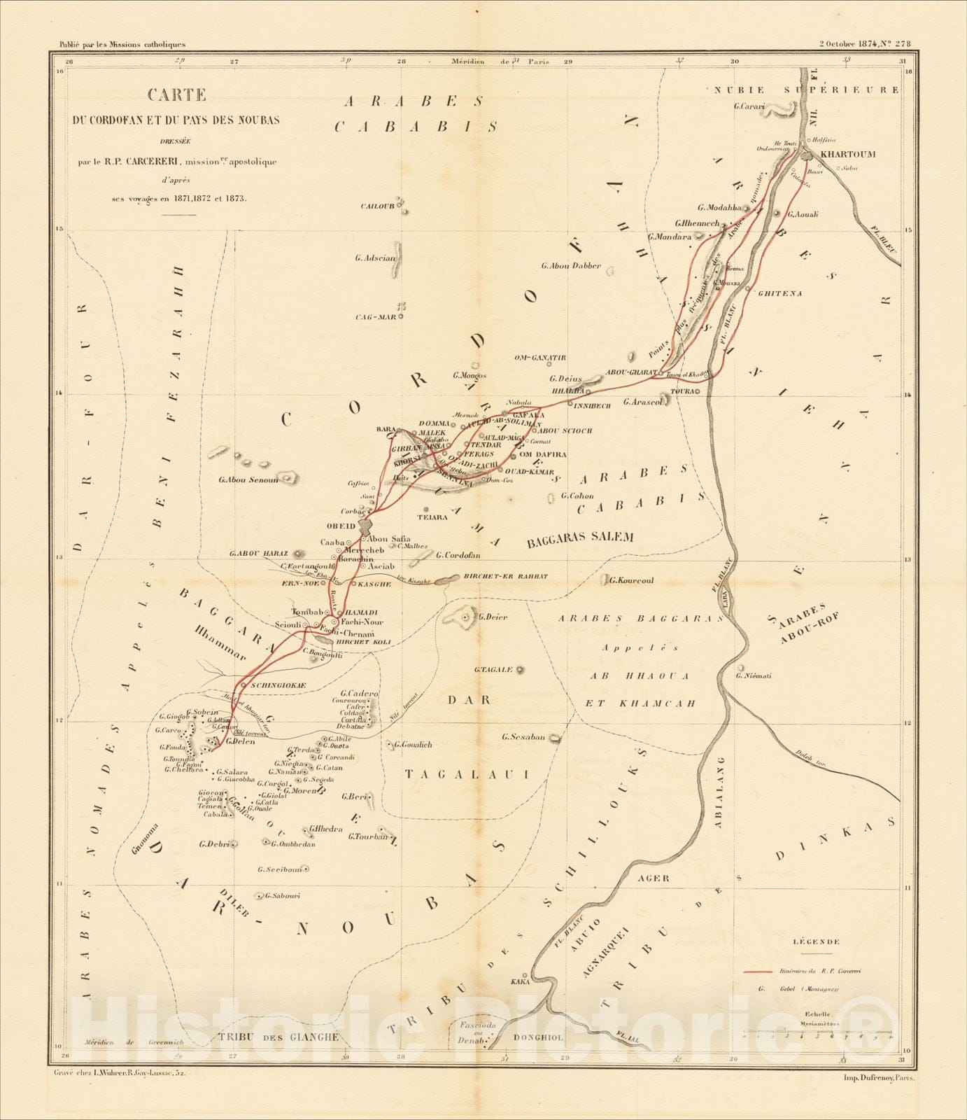 Historic Map : Carte du Cordofan et du pays des Noubas Dressee par le R.P. Carcereri, missionre. apostolique d'apres ses voyages, 1874, Vintage Wall Art