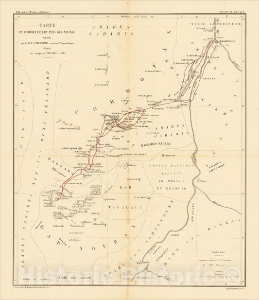 Historic Map : Carte du Cordofan et du pays des Noubas Dressee par le R.P. Carcereri, missionre. apostolique d'apres ses voyages, 1874, Vintage Wall Art