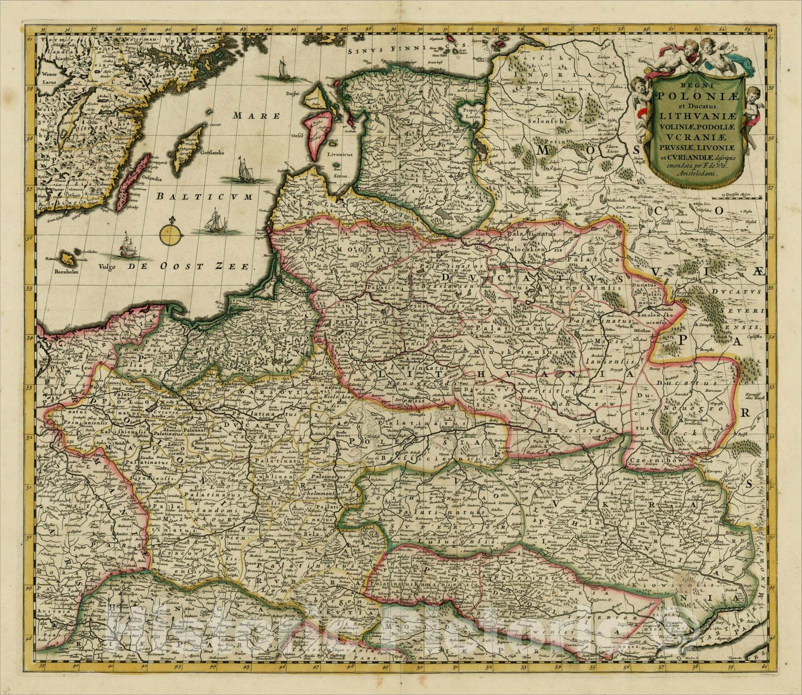Historic Map : Regni Poloniae et Ducatus Lithuaniae Voliniae, Podoliae Ucraniae Prussiae, Livoniae, et Curlandiae descriptio , c1680, Frederick De Wit, Vintage Wall Art