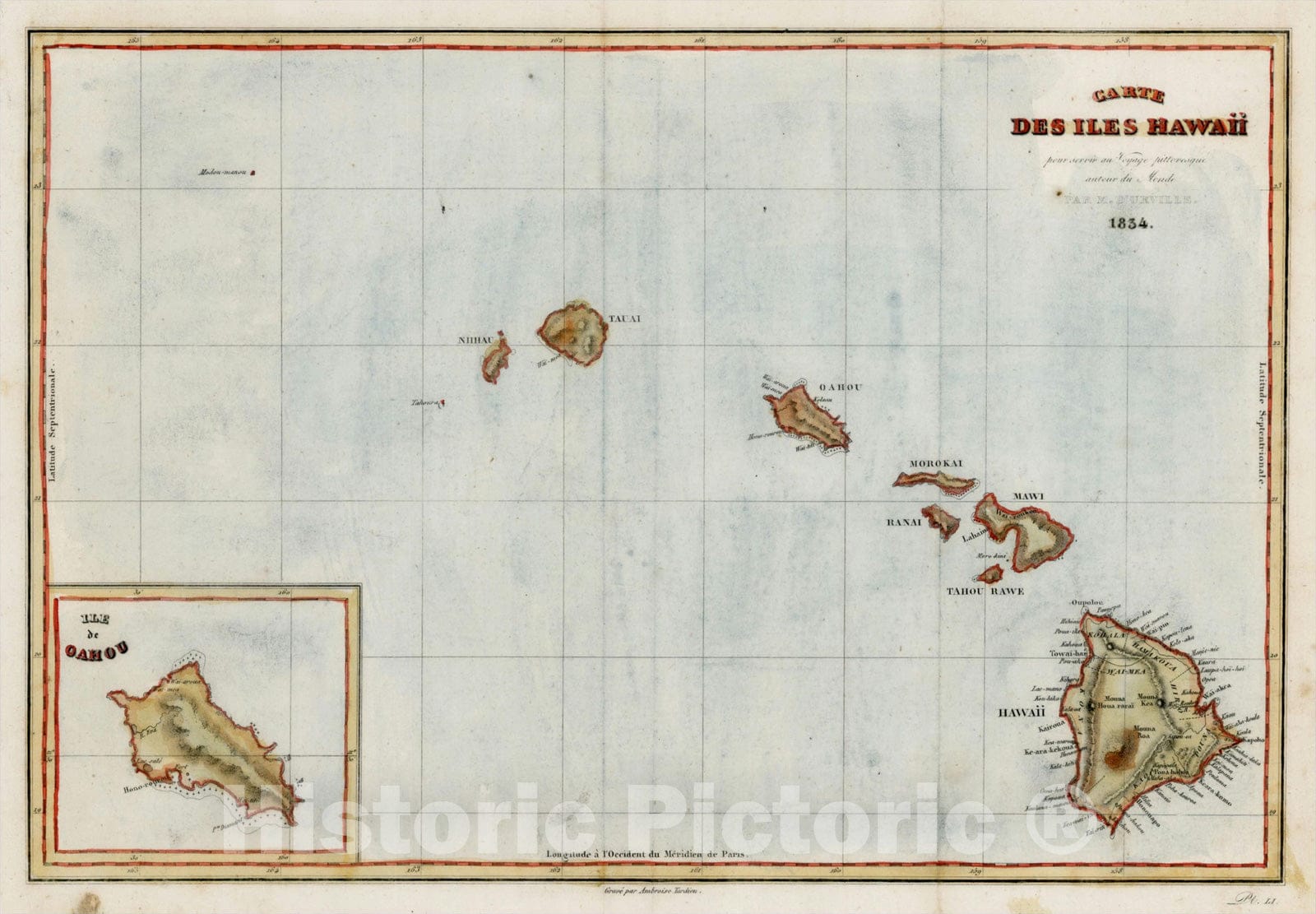 Historic Map : Carte Des Iles Hawaii . . .1834, 1834, Jules Sebastian Cesar Dumont-D'Urville, Vintage Wall Art